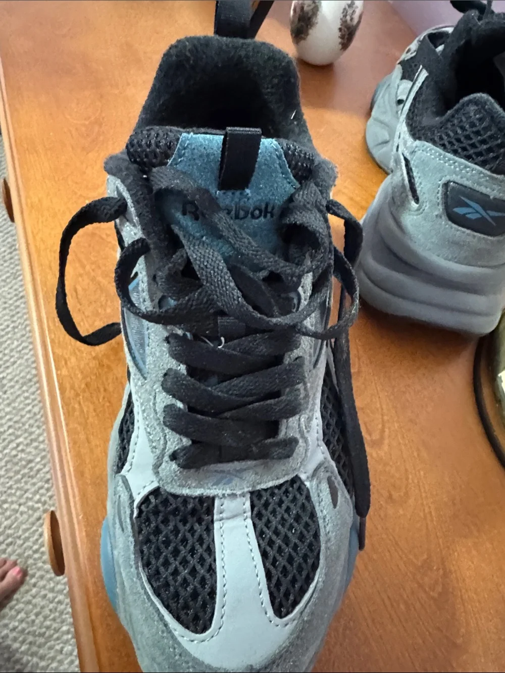 Reebok Gray and Black Athletic Sneakers with Blue Accents